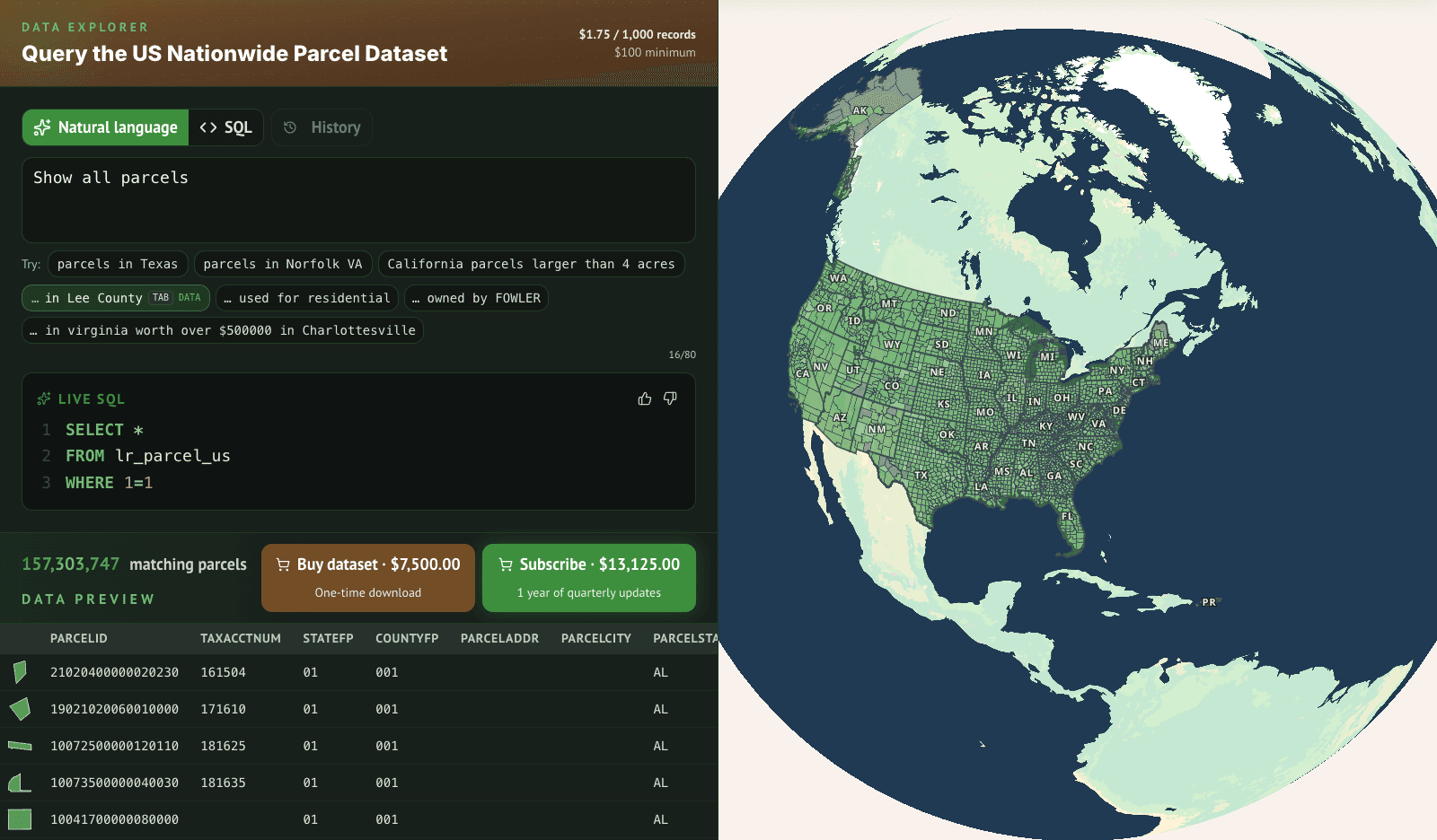 The Land Records data explorer showing a natural-language parcel query, live SQL, and results on a map of the United States
